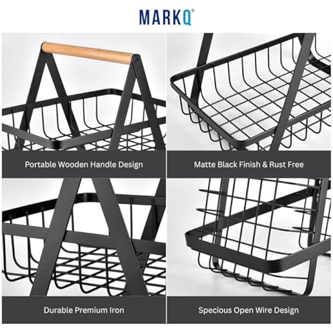 MARKQ 3-TIER FRUIT BASKET STAND  LARGE FLOOR FRUIT & VEGETABLE STORAGE RACK FOR KITCHEN | METAL PRODUCE ORGANIZER WITH DETACHABLE BASKETS, BREAD & SNACK HOLDER, BLACK POWDER-COATED STEEL FRAME - Image 2